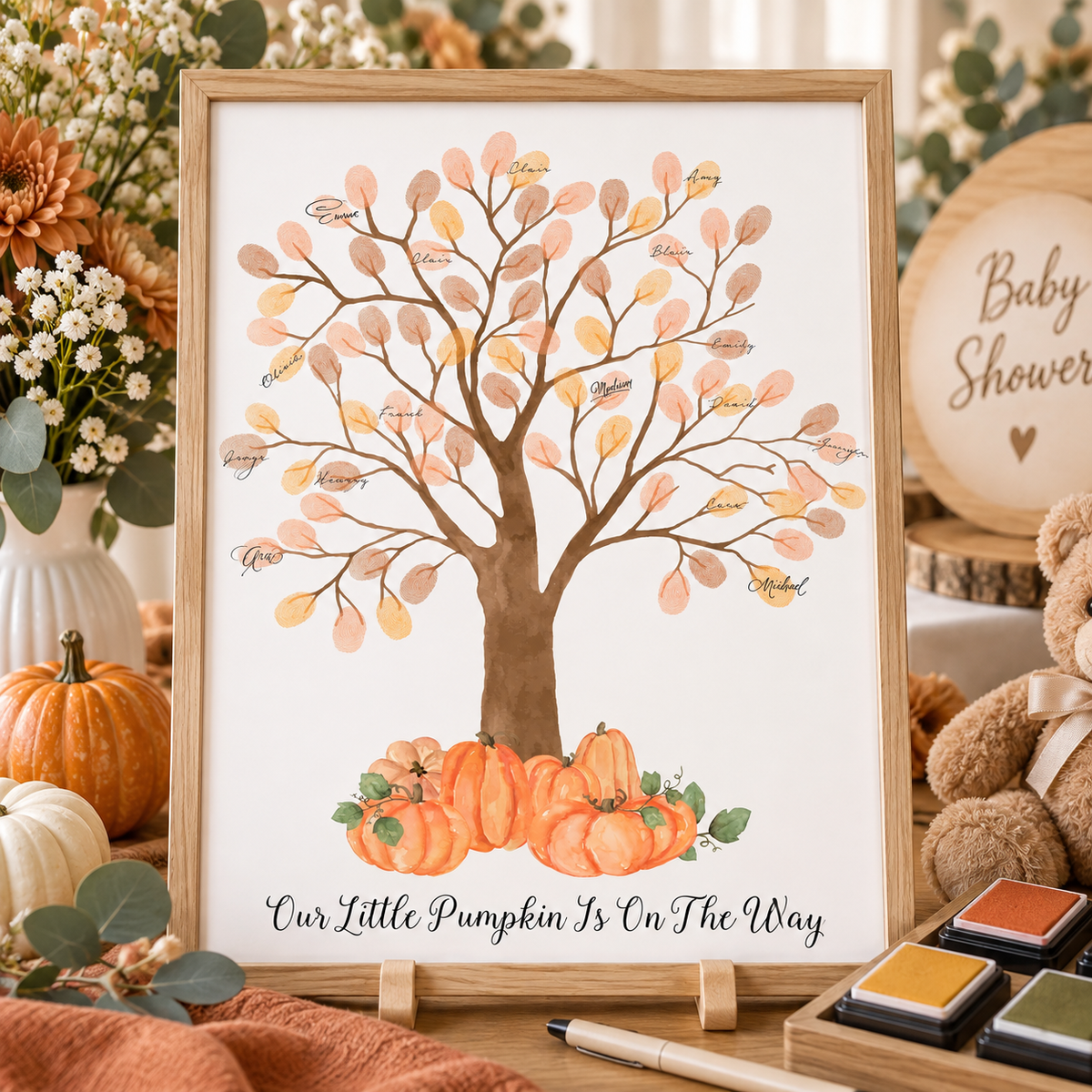 Personalized orange pumpkin tree fingerprint baby shower guest book alternative