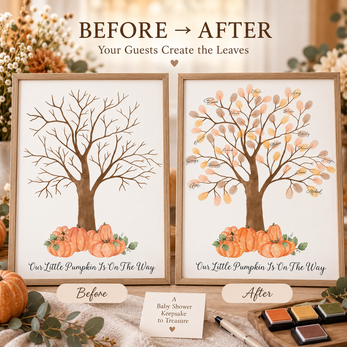 Before and after orange pumpkin tree fingerprint baby shower guest book