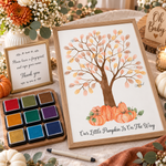 Orange pumpkin tree fingerprint guest book signing table with ink pads and instruction sign