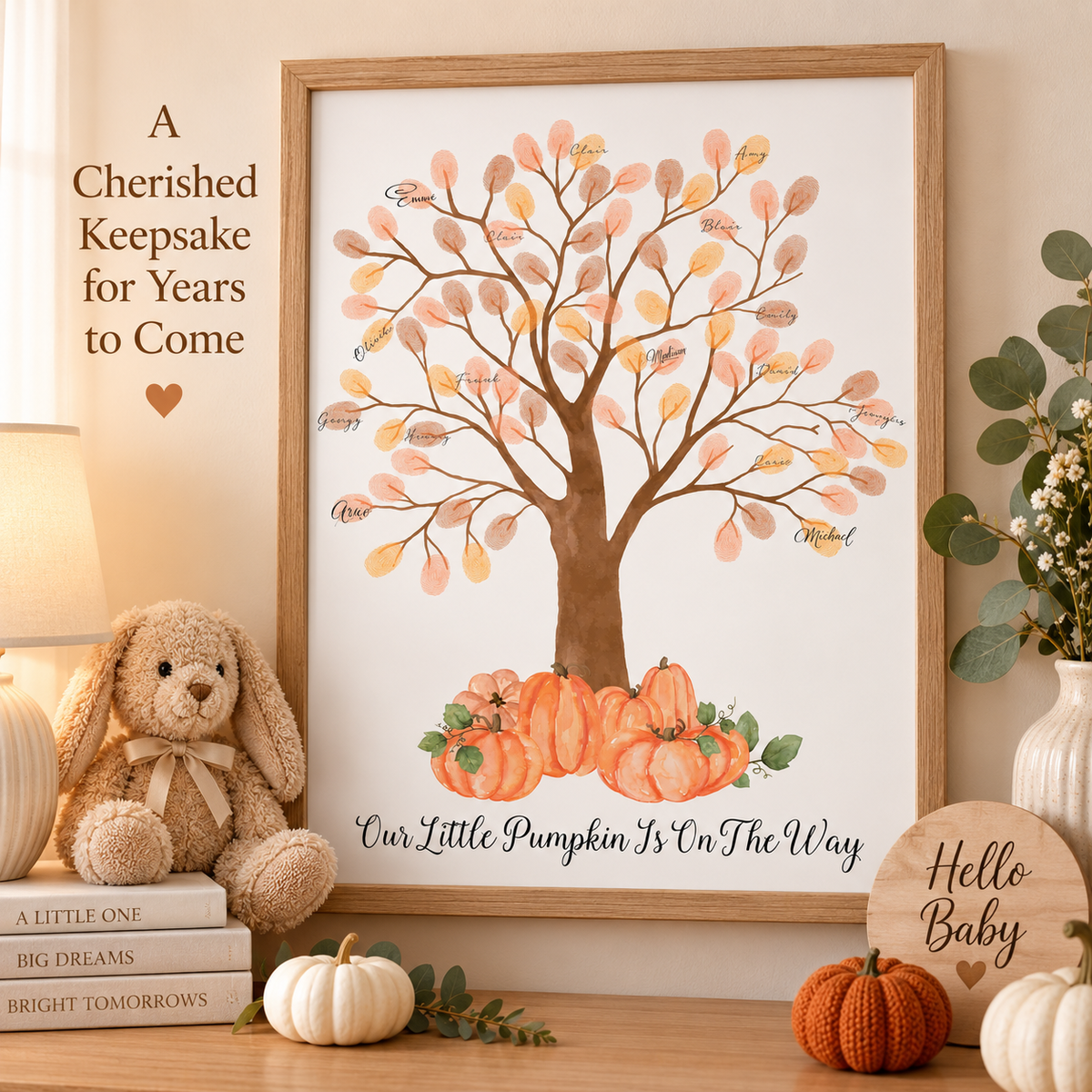 Orange pumpkin tree fingerprint guest book with completed guest signatures