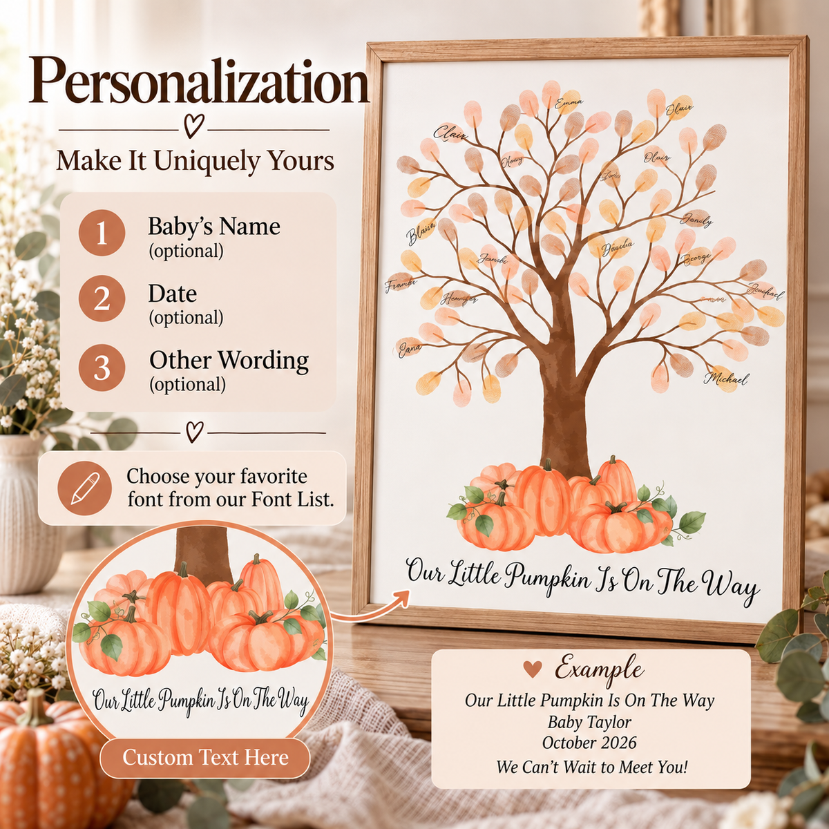 Orange pumpkin tree fingerprint guest book personalization options