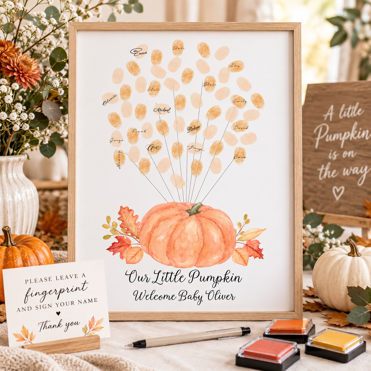 Personalized orange pumpkin balloon fingerprint baby shower guest book alternative
