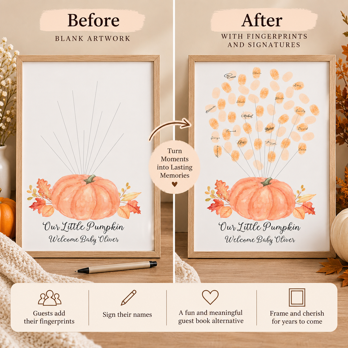 Before and after orange pumpkin balloon fingerprint guest book
