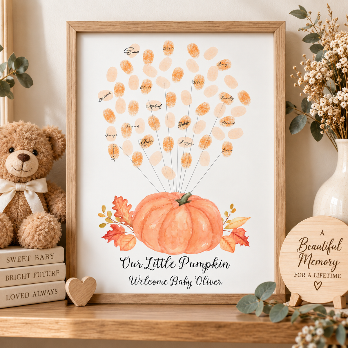 Completed orange pumpkin balloon fingerprint baby shower keepsake