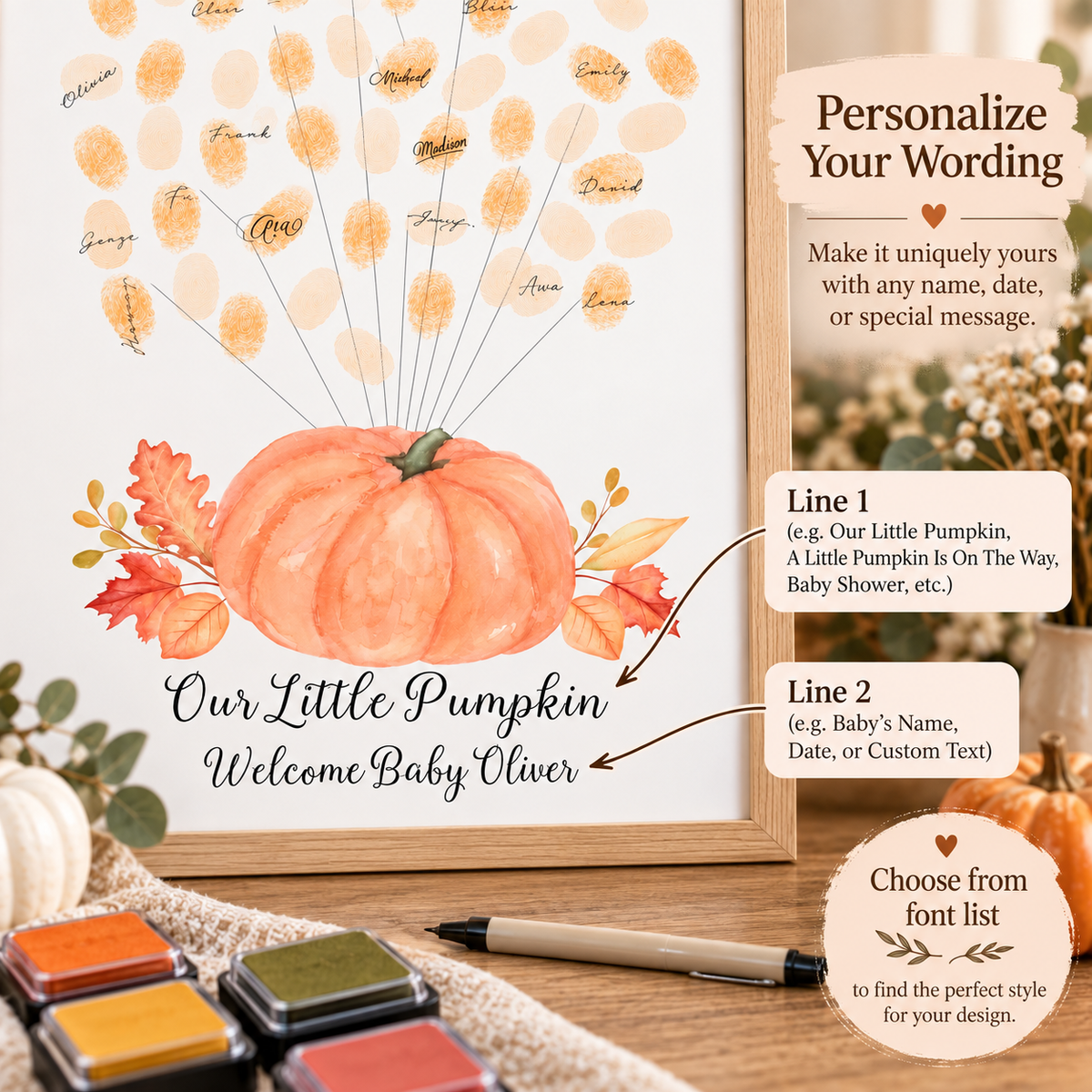 Orange pumpkin balloon fingerprint guest book personalization options