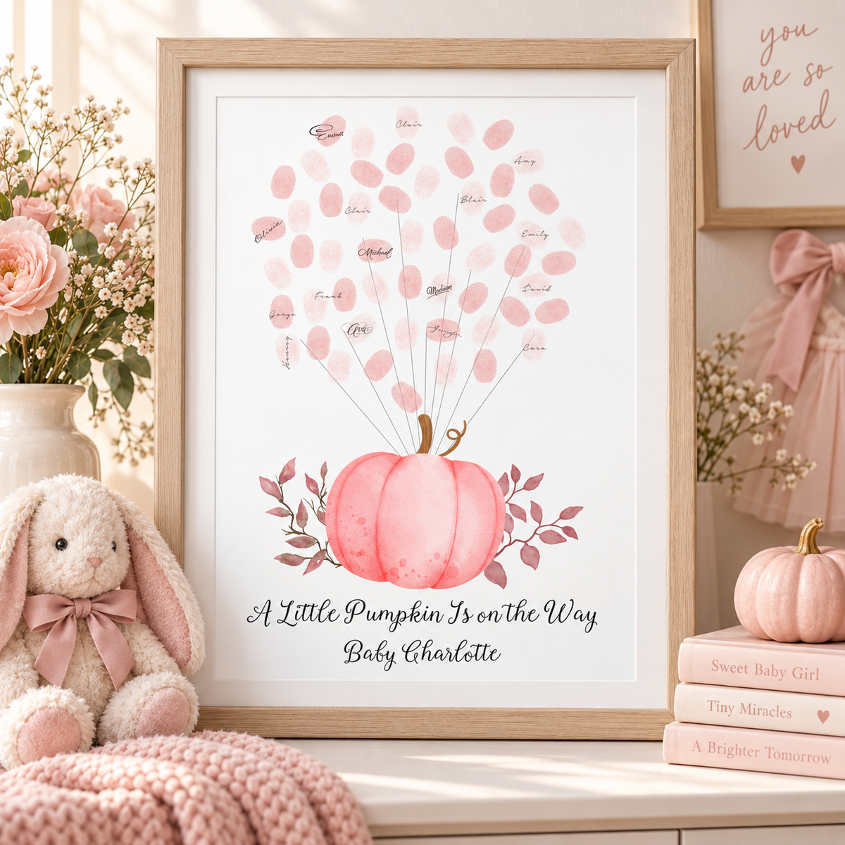 Completed pink pumpkin balloon fingerprint baby shower keepsake
