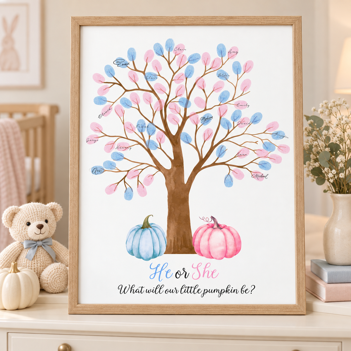 Finished pumpkin gender reveal fingerprint tree guest book displayed in an oak frame