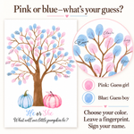 Pink or blue pumpkin fingerprint guest book color options for a gender reveal