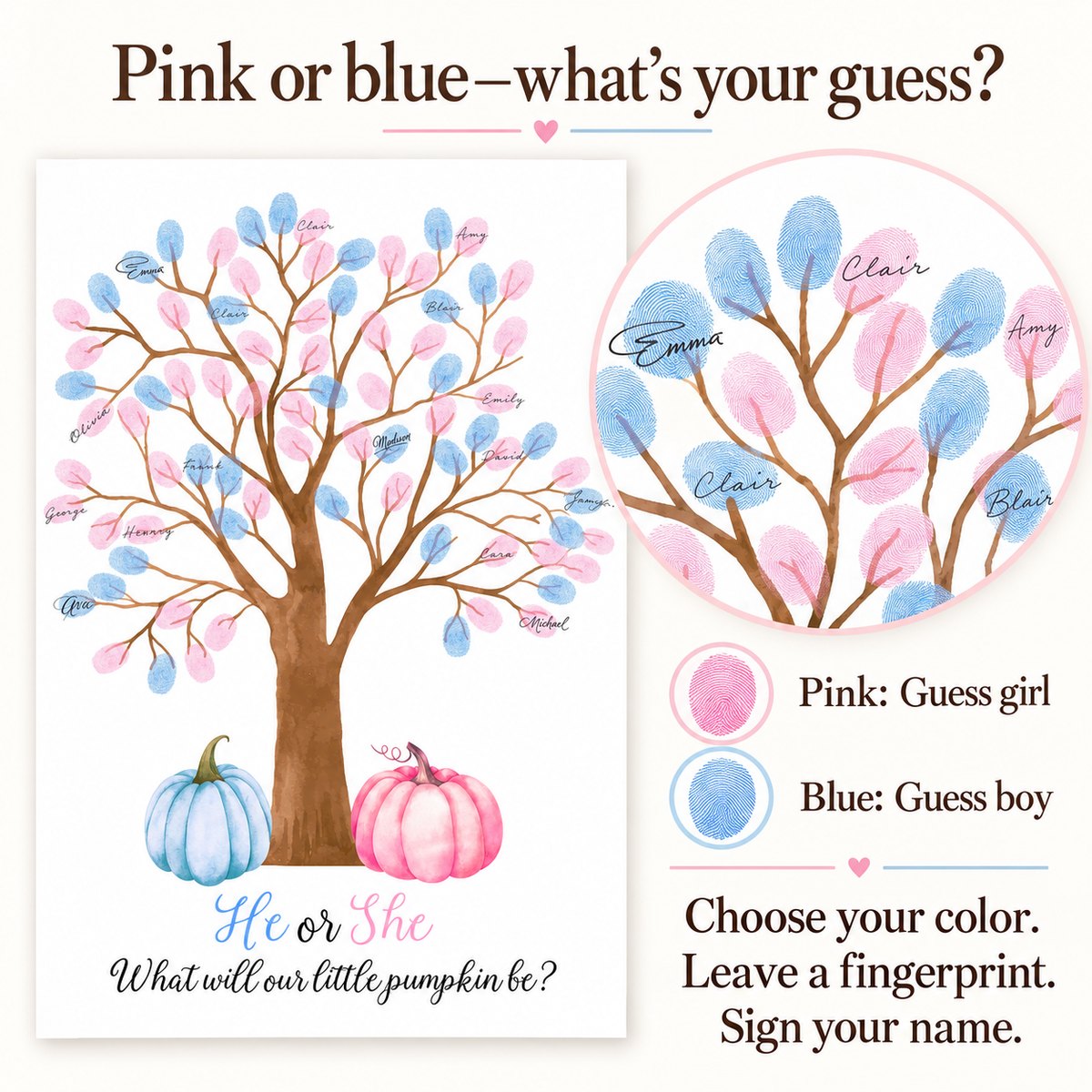 Pink or blue pumpkin fingerprint guest book color options for a gender reveal