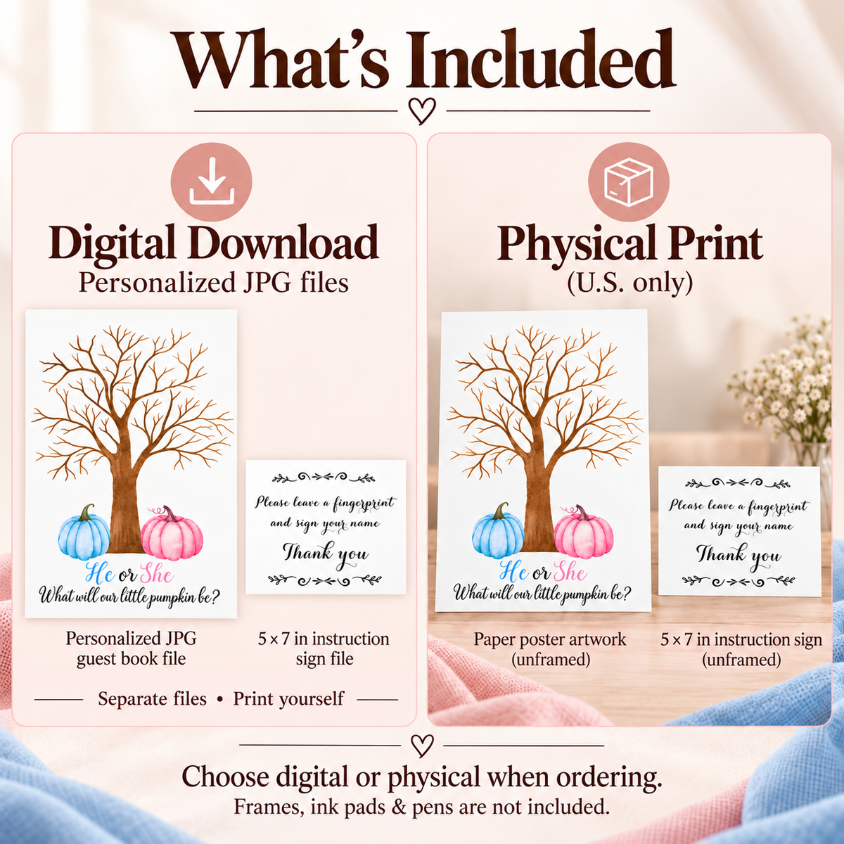 Digital download and physical pumpkin gender reveal fingerprint guest book options