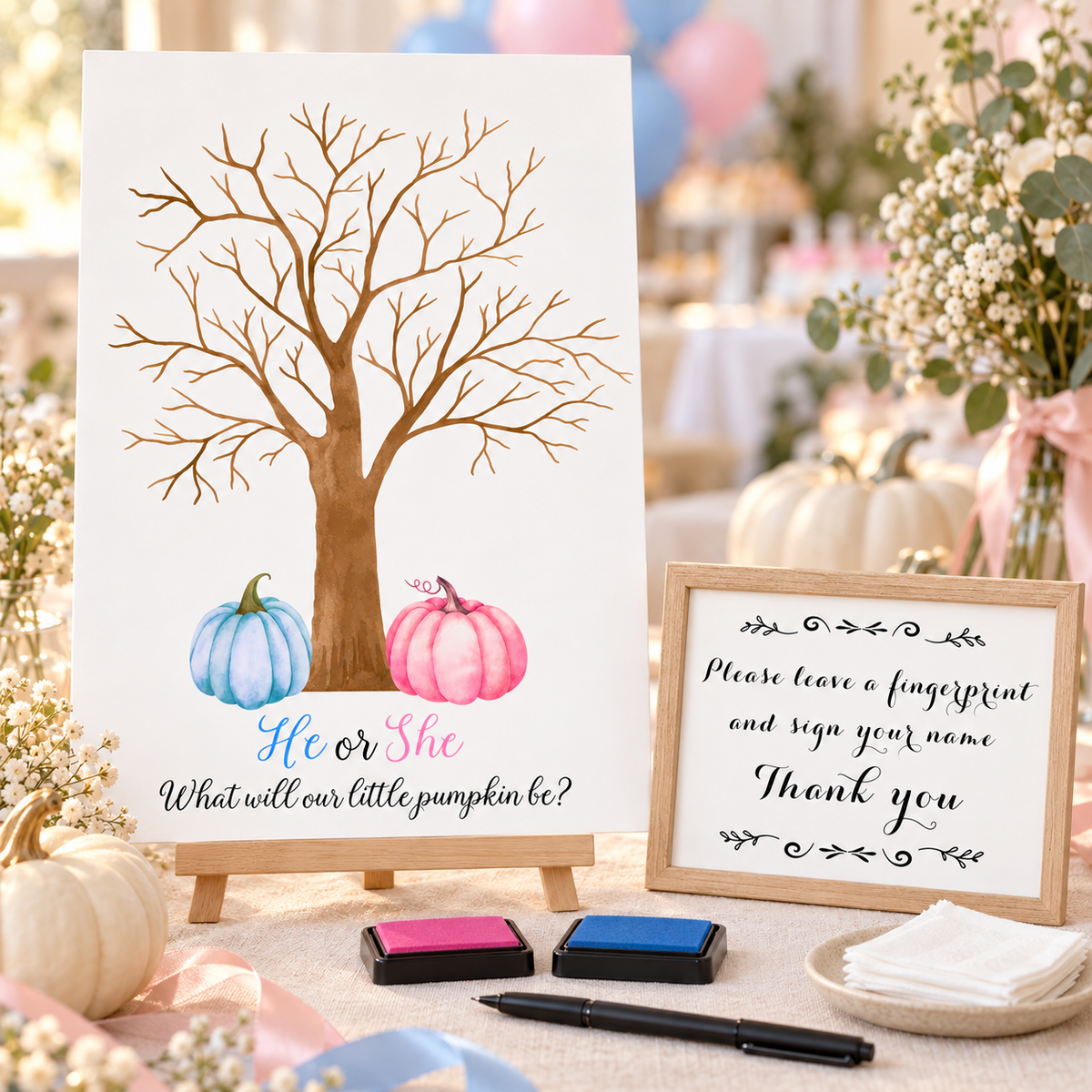 Pumpkin gender reveal fingerprint tree guest book displayed at a party