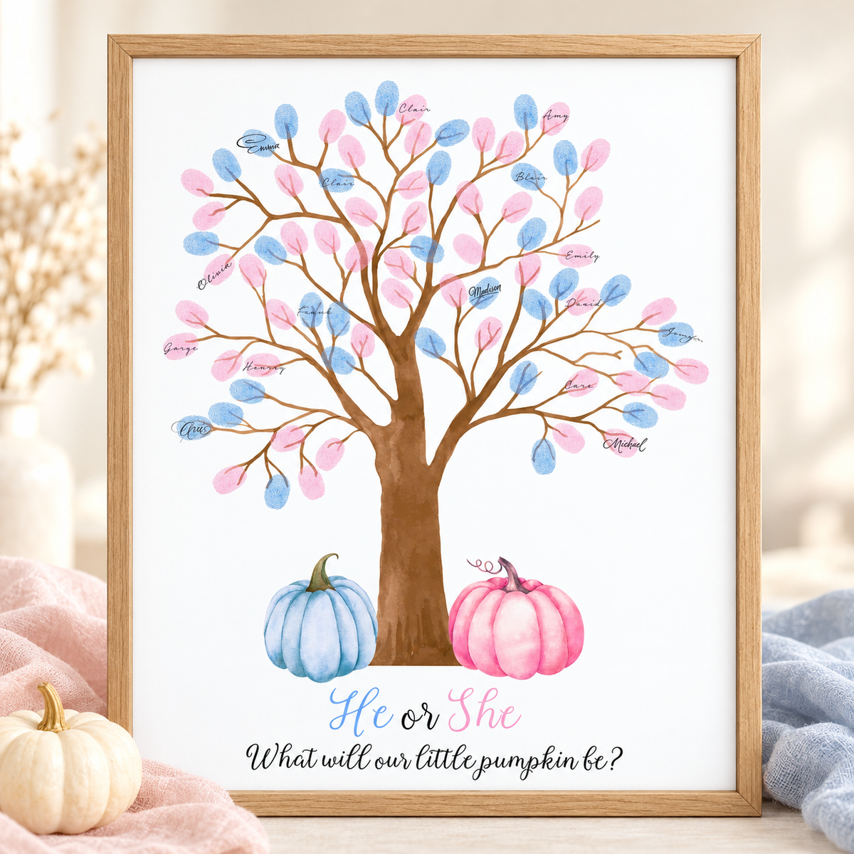 Personalized pumpkin gender reveal fingerprint tree guest book alternative