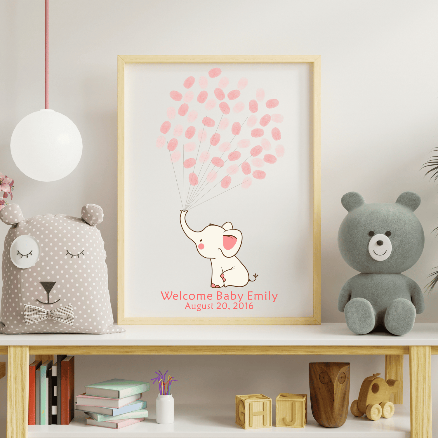 Elephant fingerprint guest book for baby girl shower with pink balloons and custom name