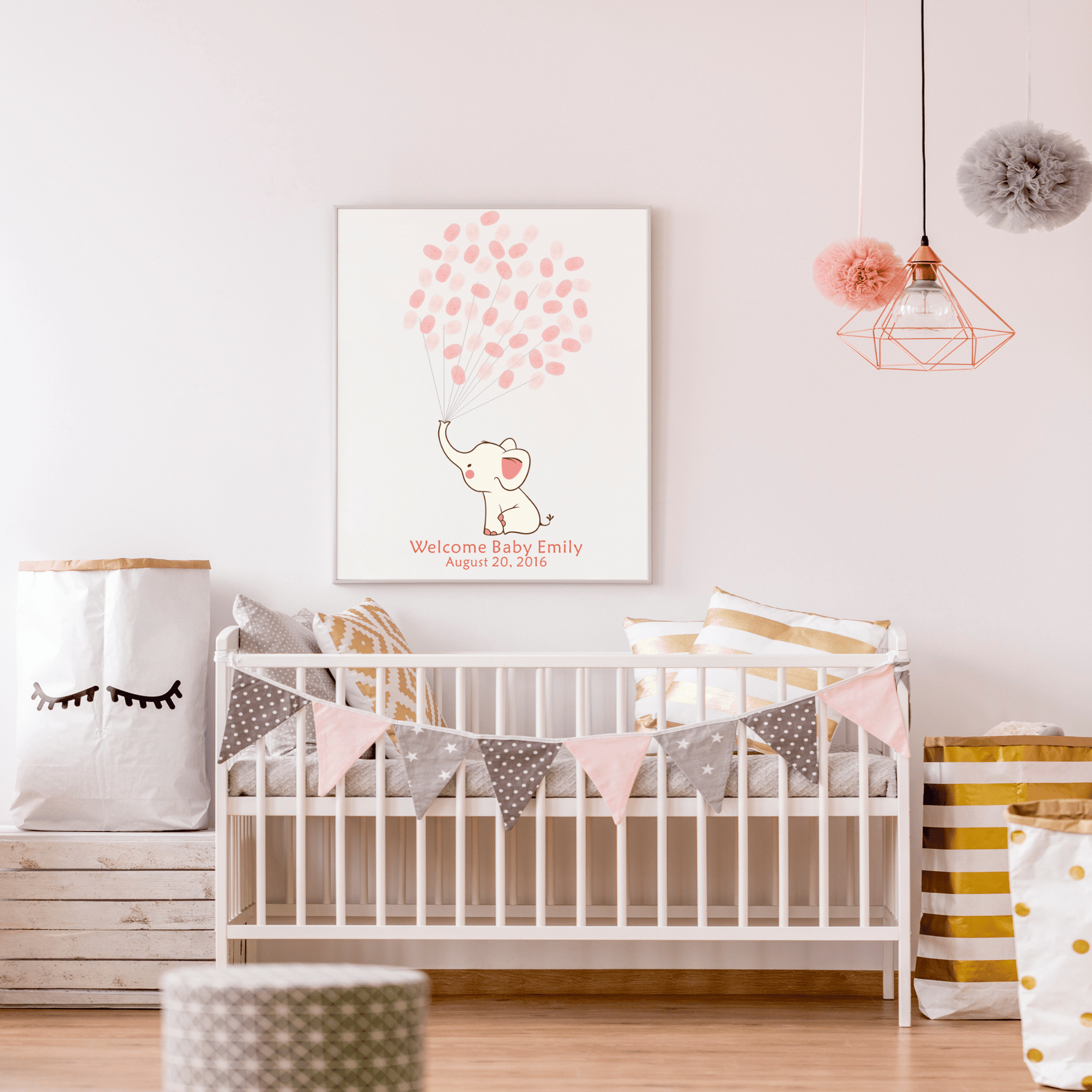 Personalized baby girl shower keepsake featuring elephant and fingerprint balloon design