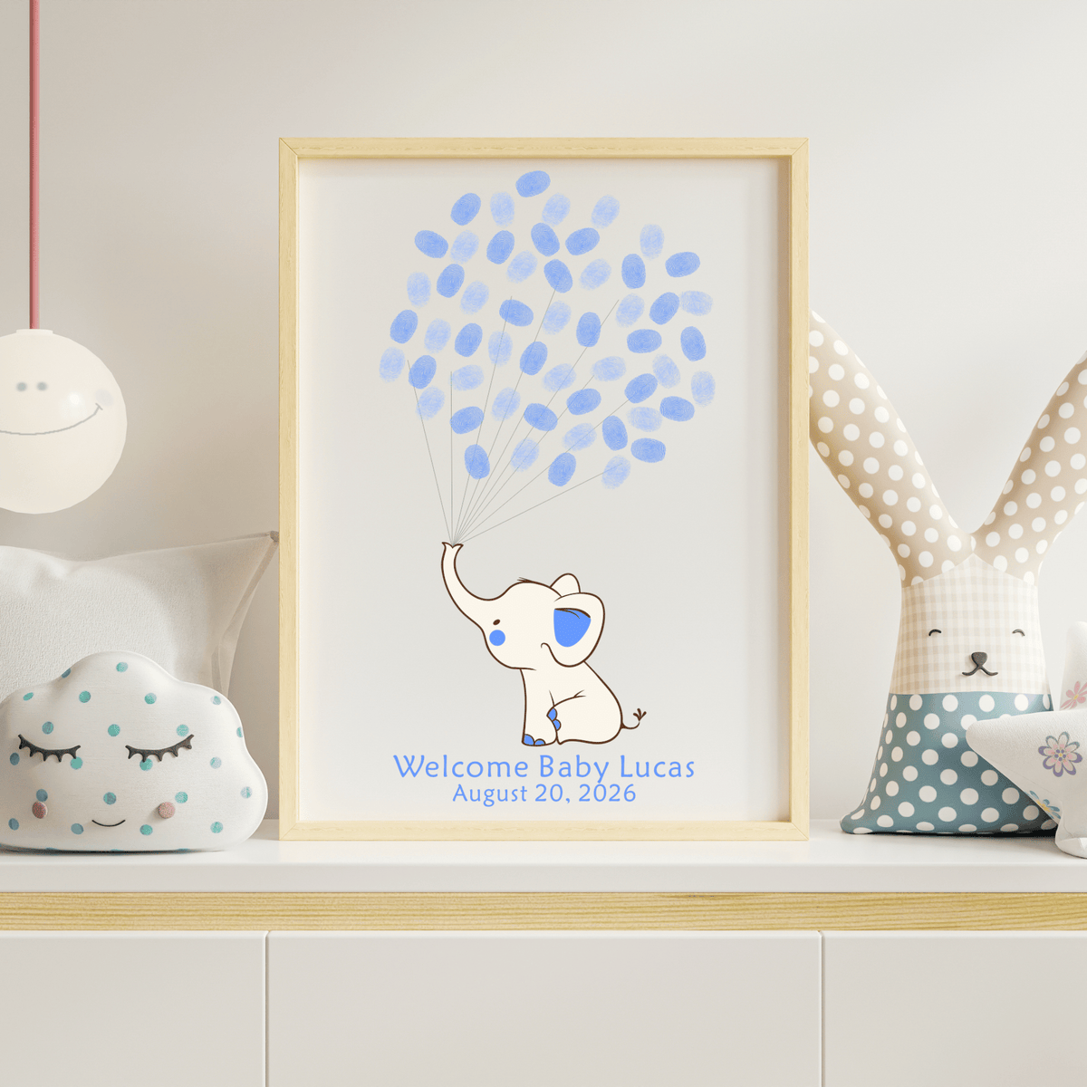 Elephant-themed baby shower gift featuring fingerprint balloons for guests to sign