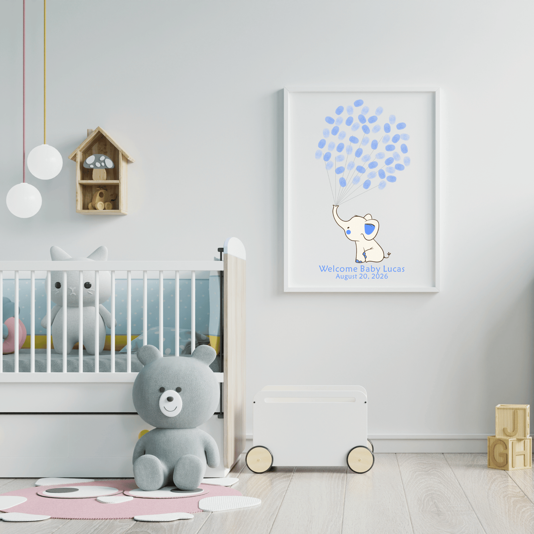Baby boy fingerprint guest book with blue elephant and balloon design for baby shower