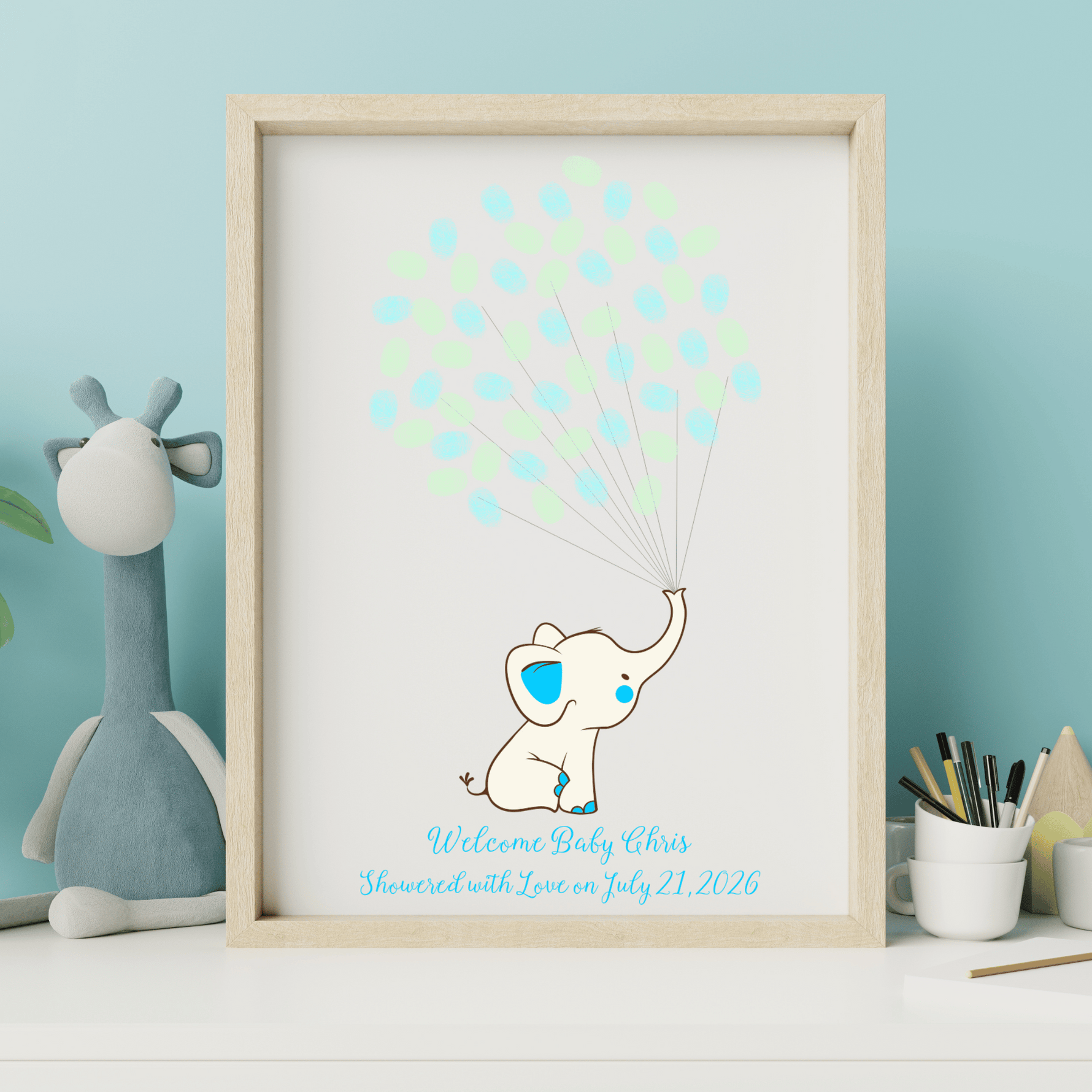 Elephant thumbprint guest book for baby boy shower with blue fingerprint balloons and signature space