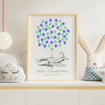 Adventure-themed airplane guest book where guests add fingerprint balloons – perfect keepsake for farewell, graduation, baby shower, or milestone celebration.