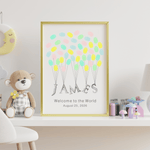 Hand-drawn name and balloon string illustration ready for guests to add fingerprints, ideal for commemorating a special milestone celebration.