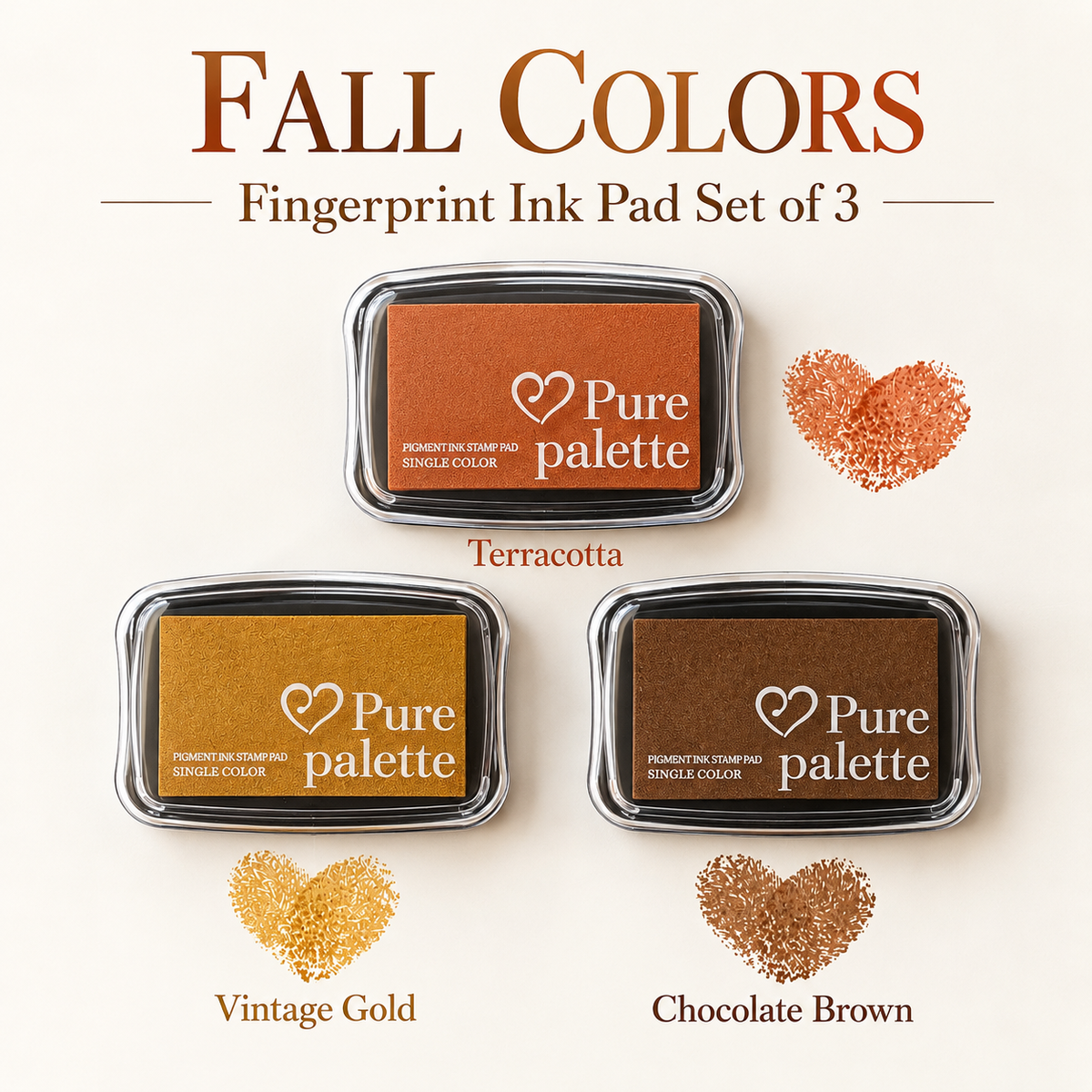 Fall colors fingerprint guest book ink pads in terracotta, vintage gold, and chocolate brown