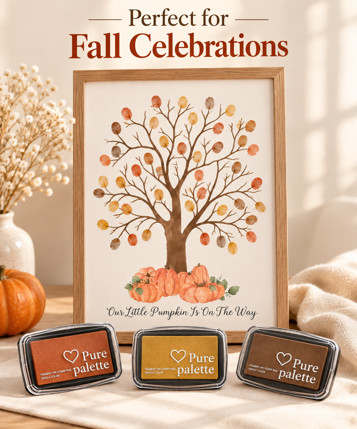 Fall colors fingerprint guest book ink pad set with three coordinated autumn shades