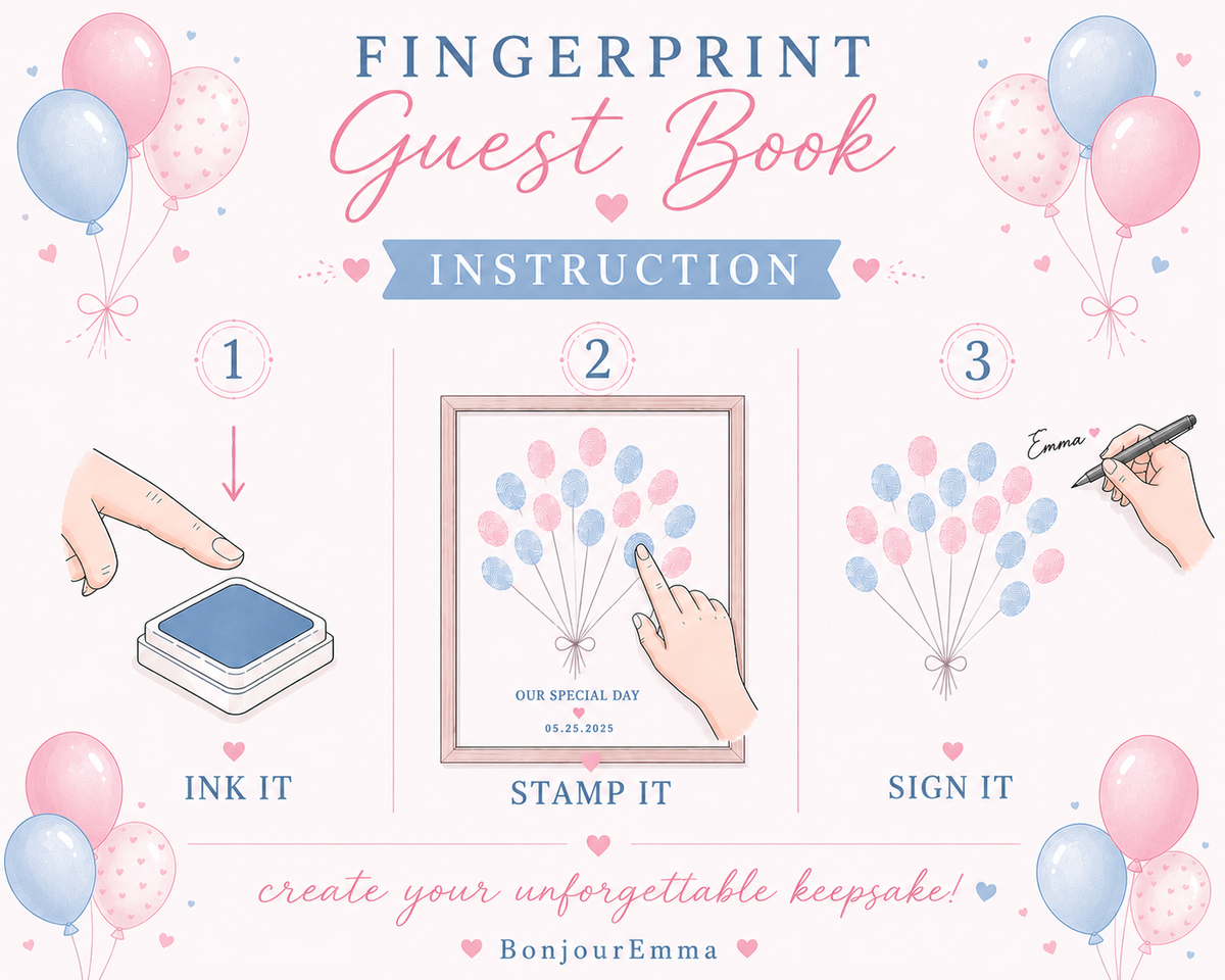 Baby shower fingerprint balloon guest book instructions with ink pads and pen