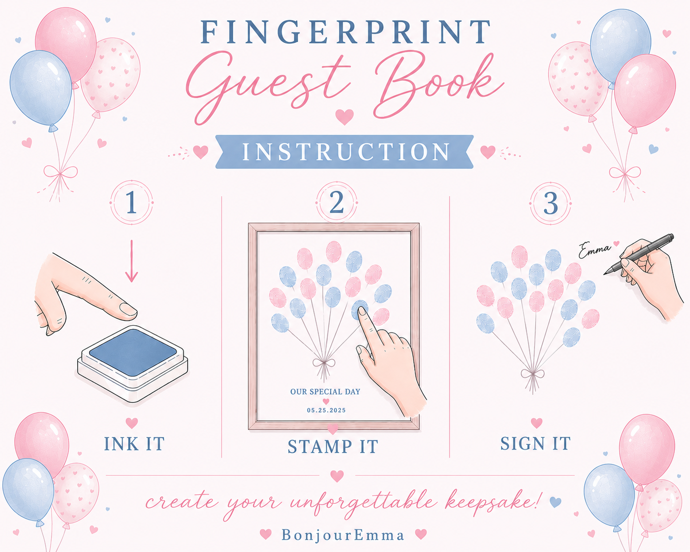 Baby shower fingerprint balloon guest book instructions with ink pads and pen