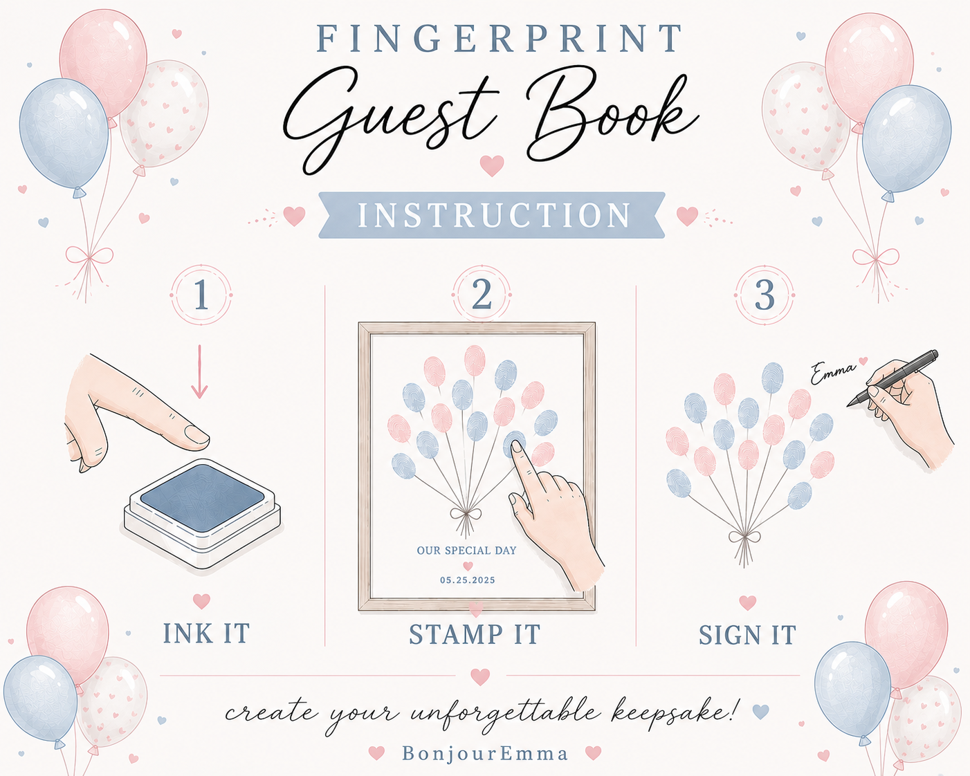 Fingerprint balloon guest book instructions for all event keepsake designs