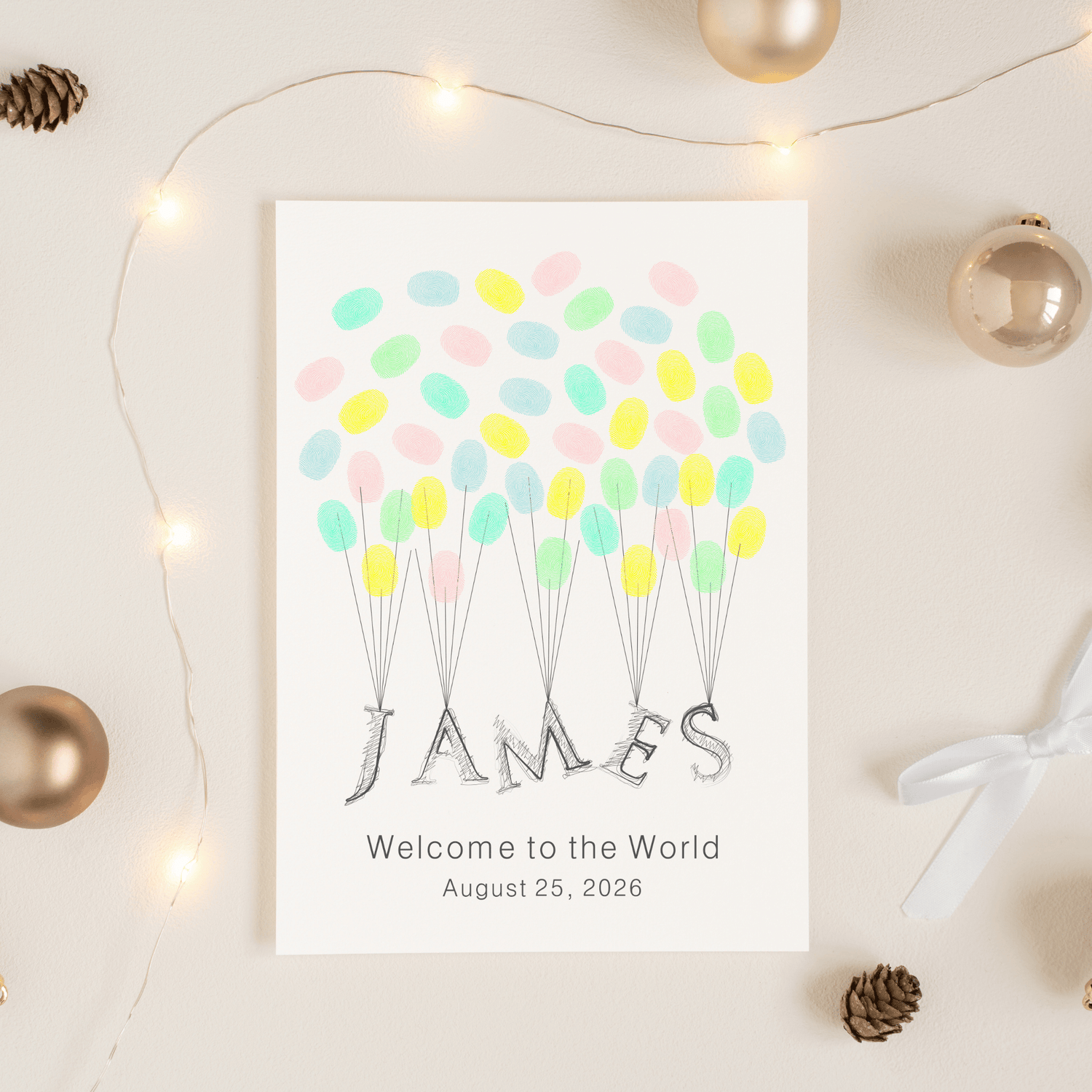 Personalized fingerprint balloon guest book with child's name lifted by colorful balloon prints, perfect for baby shower, baptism, christening, or graduation.