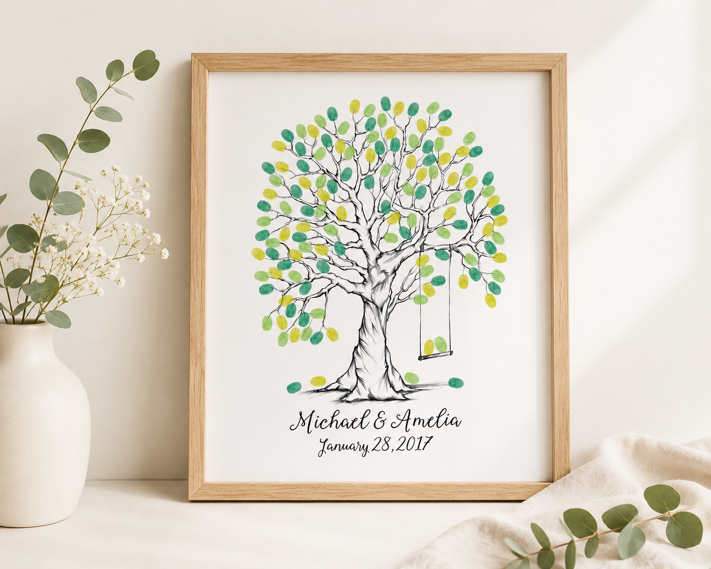 Livre d'or de mariage Arbre à empreintes digitales – Arbre à empreintes digitales dessiné à la main avec balançoire