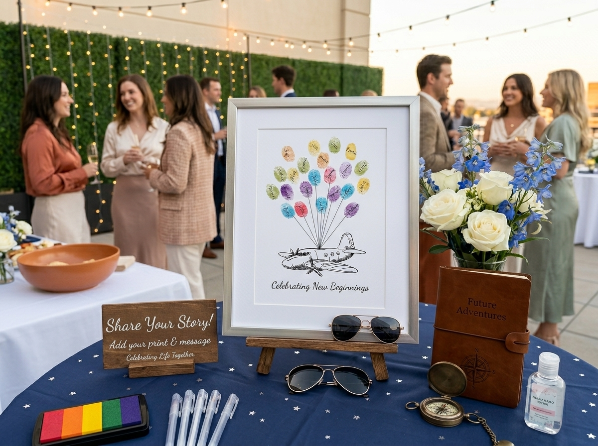 Airplane fingerprint guest book displayed for an adventure-themed celebration with colorful thumbprint balloons