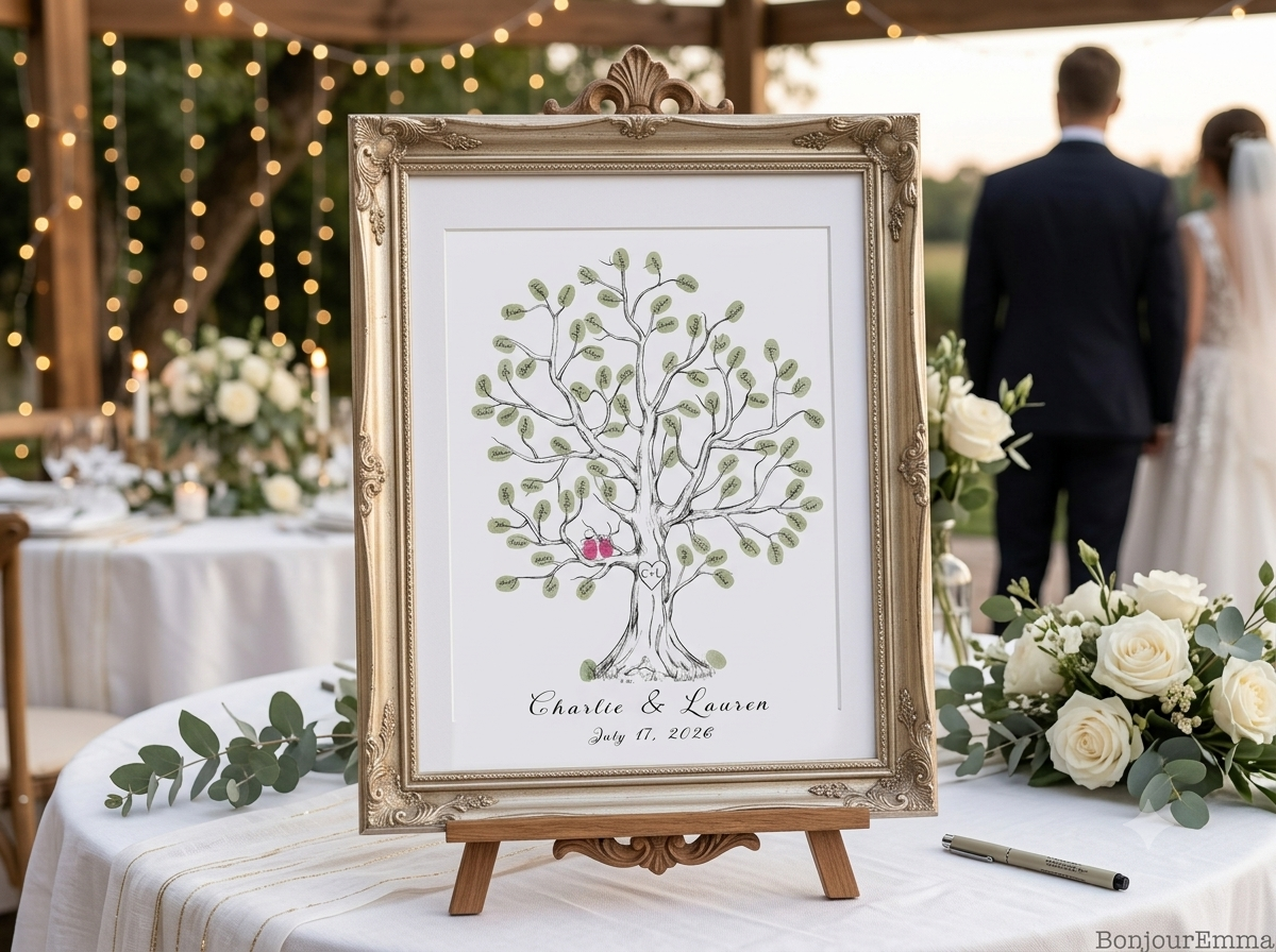 Fingerprint tree wedding guest book displayed in an ornate gold frame at an outdoor reception, surrounded by white roses and string lights