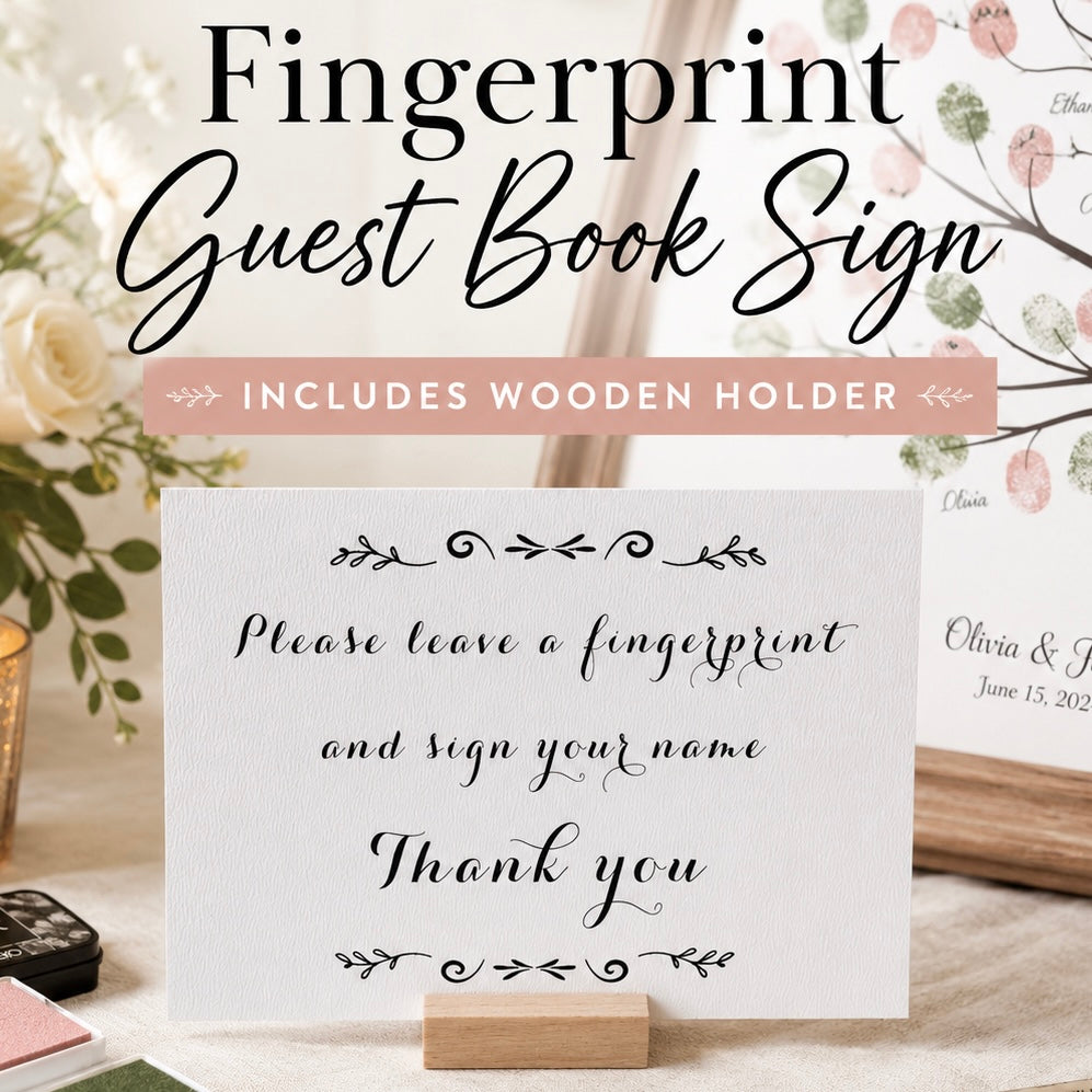 Fingerprint Guest Book Instruction Sign with Wooden Holder