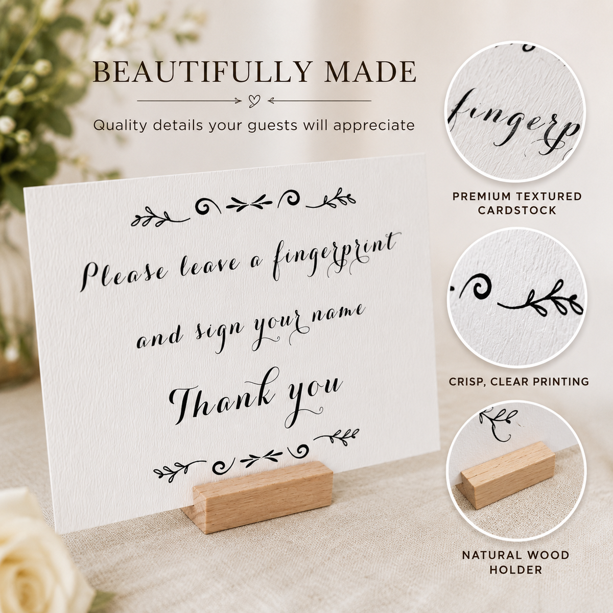 Fingerprint Guest Book Instruction Sign with Wooden Holder