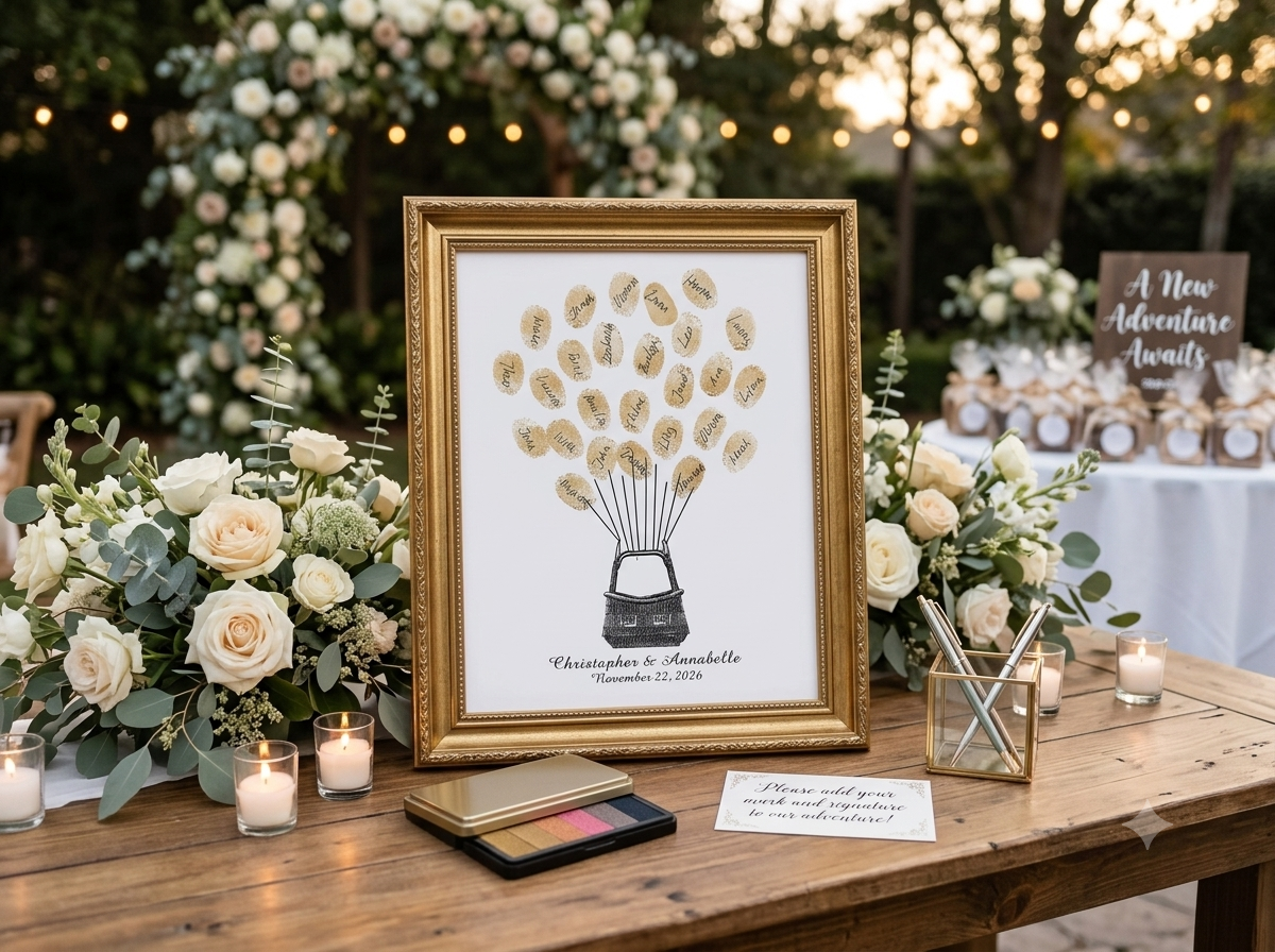 Hot air balloon fingerprint guest book displayed for a wedding or special occasion with colorful thumbprint balloons