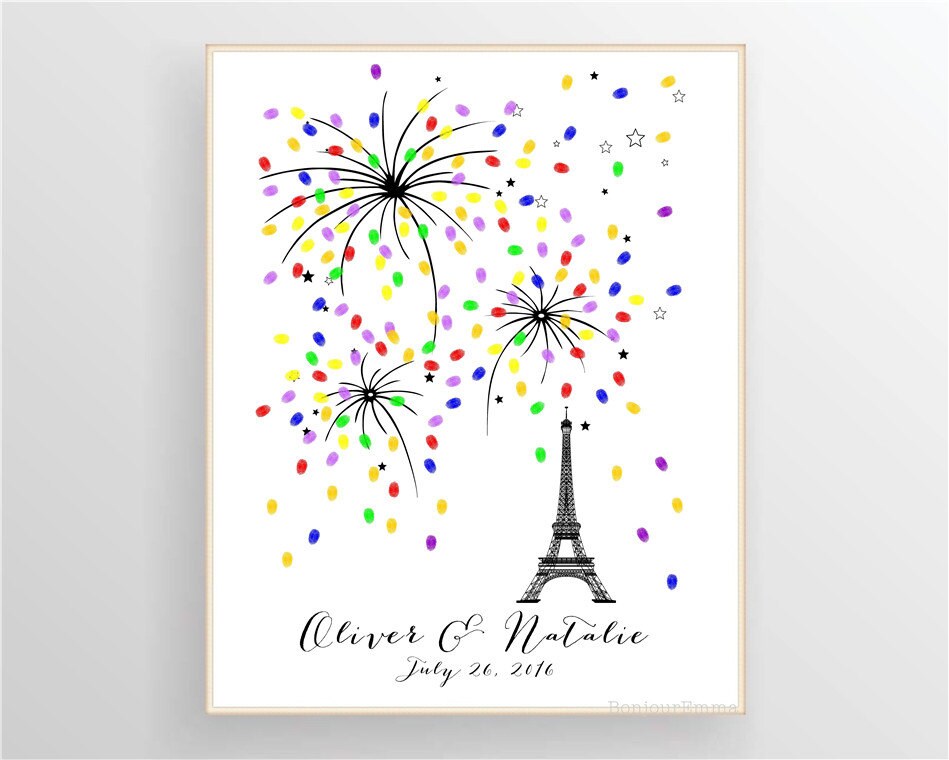 Eiffel Tower themed fingerprint guest book with vibrant fireworks, with personalized name and date