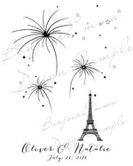 Eiffel Tower themed guest book with vibrant fingerprints fireworks, with personalized name and date