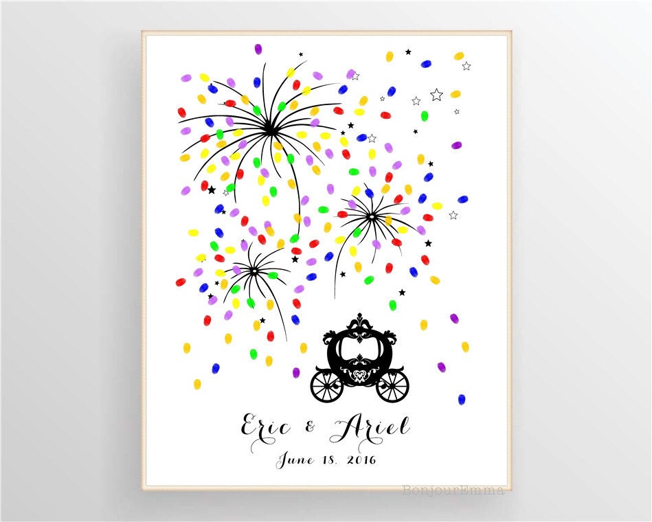 Fairy Tale Wedding Guest Book featuring Princess Carriage and colorful fingerprint fireworks