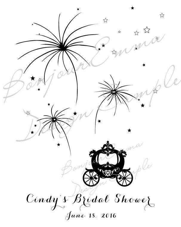 Fairy Tale Wedding Guest Book design with a princess carriage and fireworks, ideal for bridal shower decor.