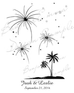 Beach wedding guest book alternative featuring palm trees and fireworks design, personalized with names and date.