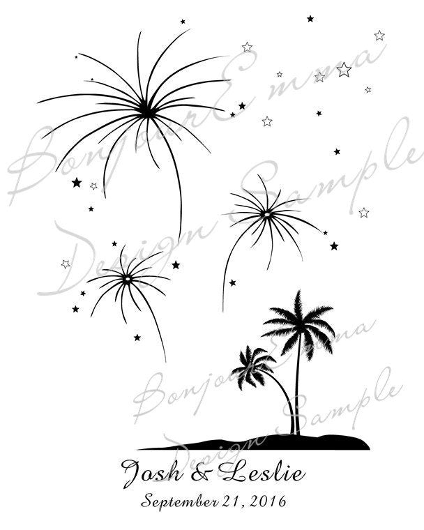 Beach wedding guest book alternative featuring palm trees and fireworks design, personalized with names and date.