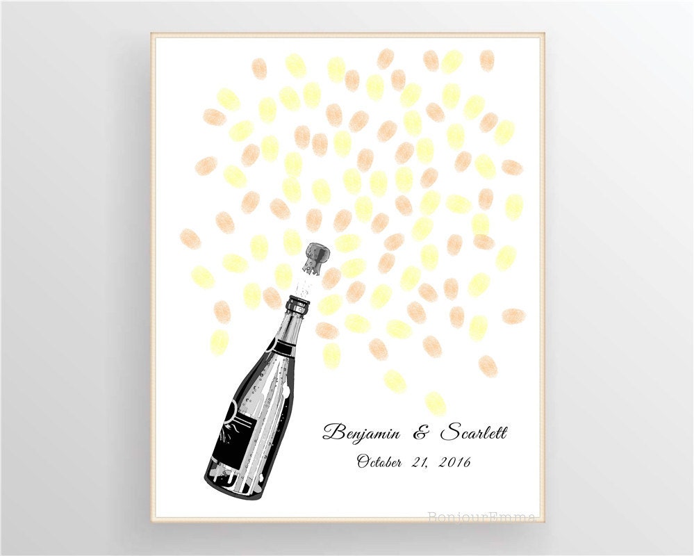 Framed Champagne Bottle Fingerprint Guest Book displayed as unique wedding guest book alternative.