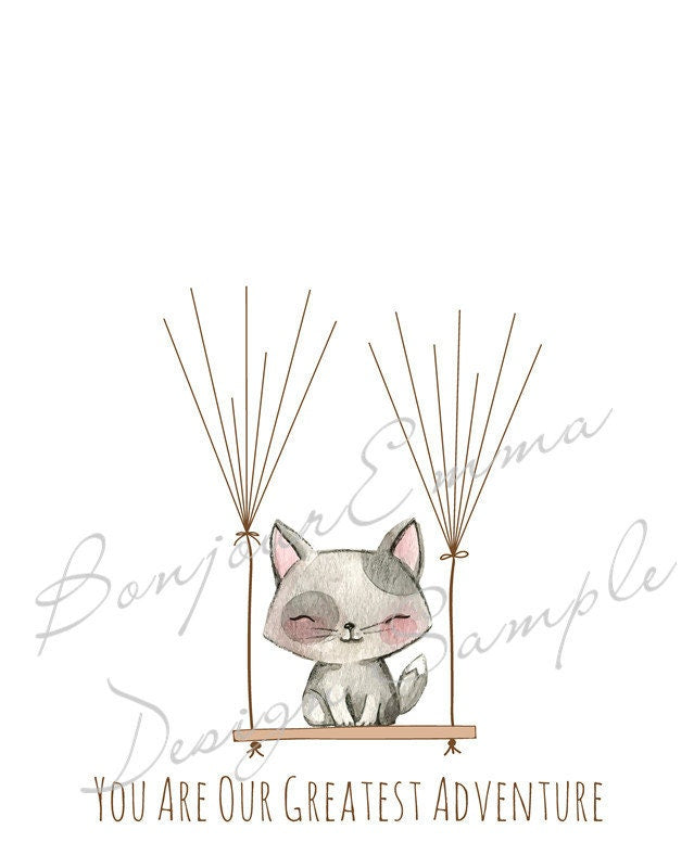 Cat on swing fingerprint balloon guest book sample – personalized for baby shower, baptism, or birthday celebration