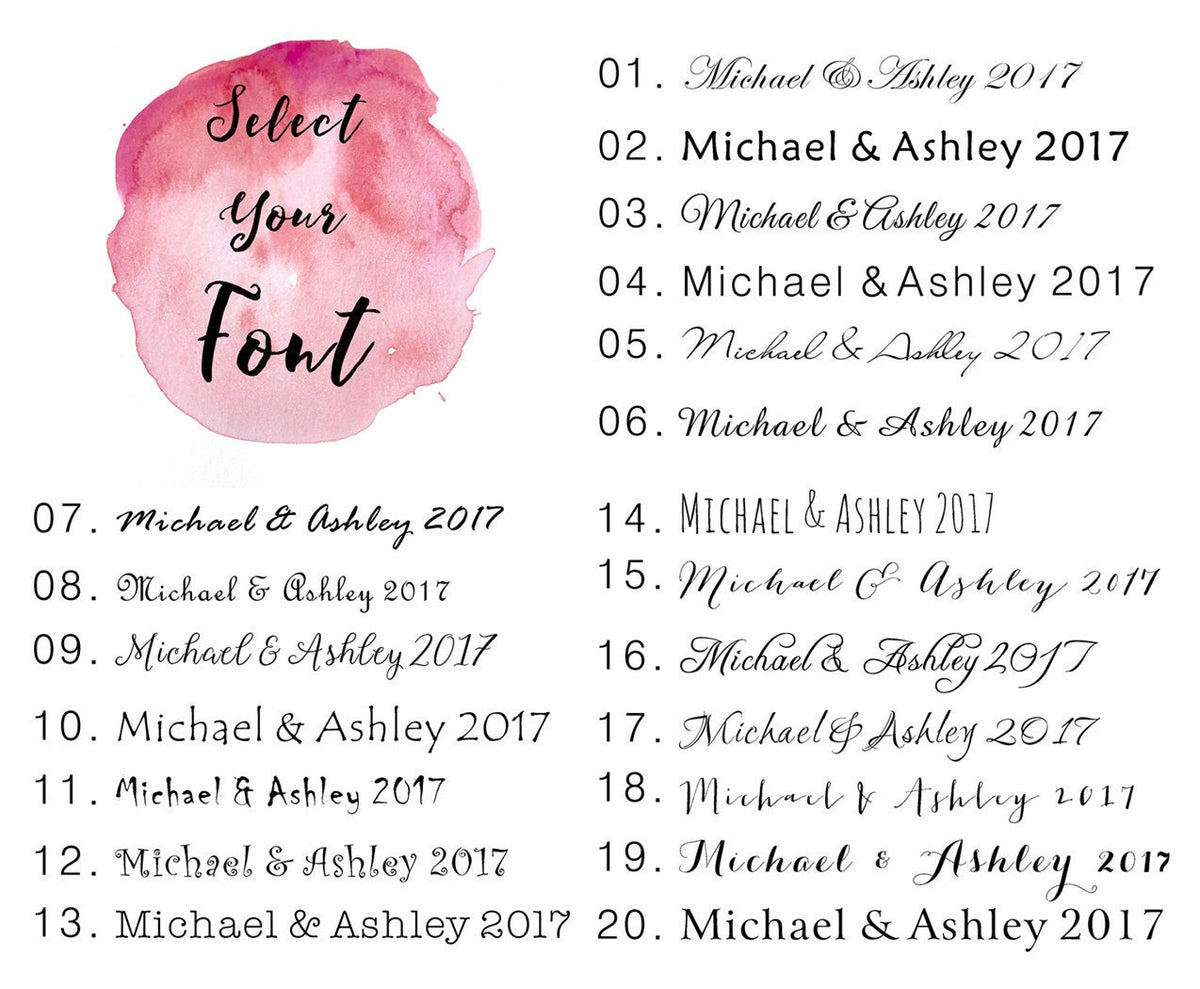 BonjourEmma font list showing available script and print styles for customizing guest book names, dates, and any wordings.