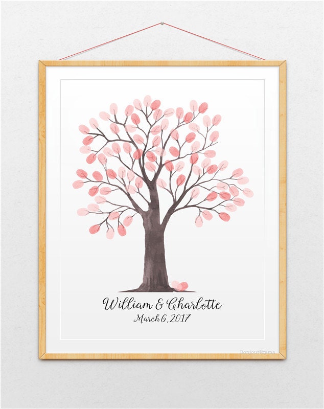 Watercolor fingerprint tree guest book with personalized names and date