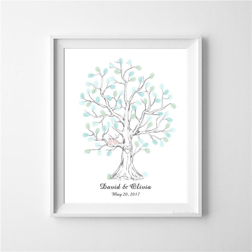Hand-Drawn Wedding Fingerprint Tree with Love Birds Guest Book Alternative, featuring a personalized print for couples.