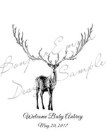 Deer with antlers featuring welcome message for new baby, perfect for baby shower guest book alternative.