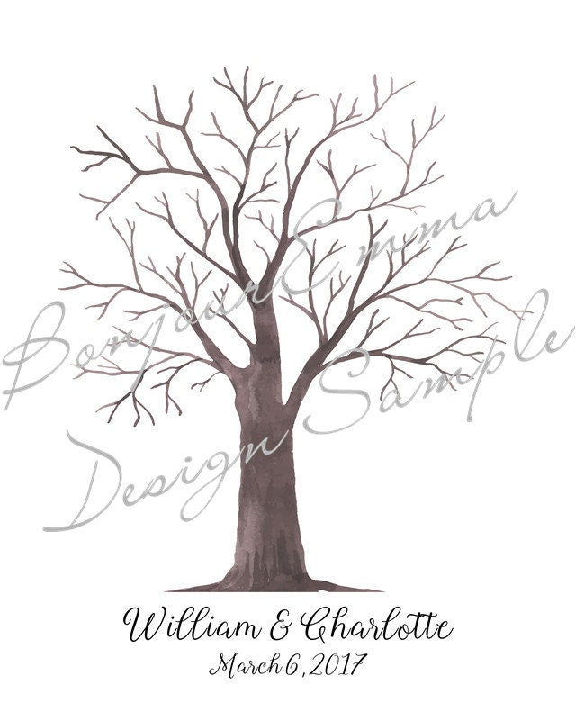 Blank version of the watercolor wedding tree guest book before fingerprints are added.