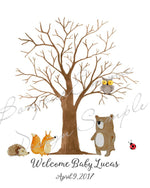 Baby Shower Guest Book Fingerprint Tree with Woodland Animals - Bear, Fox, Owl, Hedgehog & Ladybug