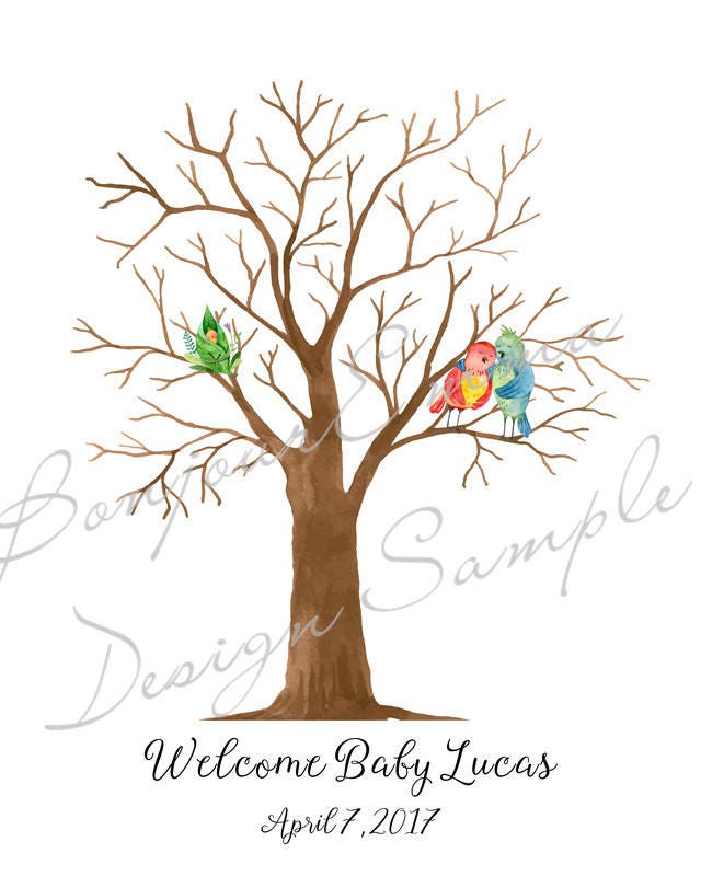 Welcome Baby Lucas fingerprint tree with birds design for baby shower guest book.
